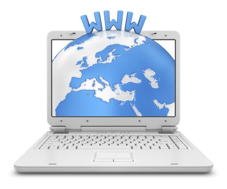 Laptop mit einer Weltkugel und den Buchstaben "WWW" oben.