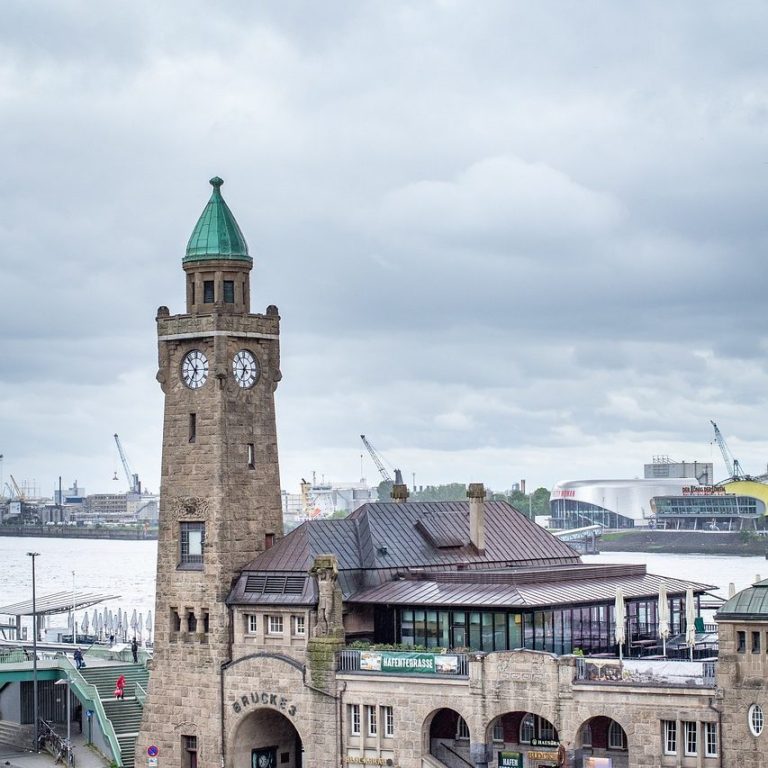 Landungsbrücken mit historischem Uhrturm in Hamburg – Symbol für maritimes Erbe und Übersetzungsservice
