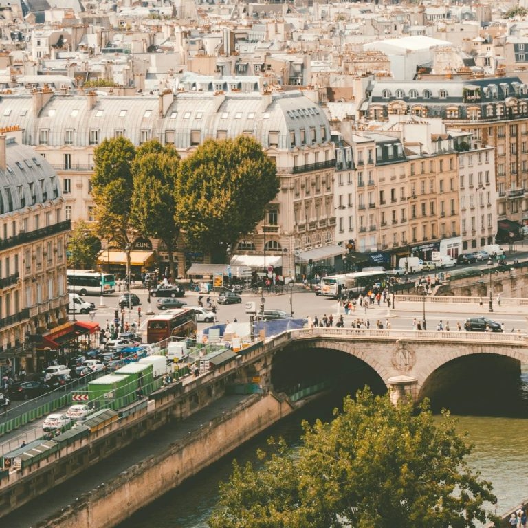 Blick auf Paris mit Straßen, Fluss und historischem Gebäude im Hintergrund.