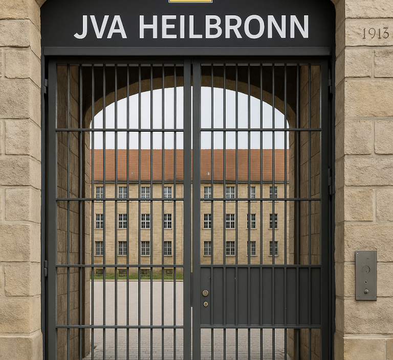 Dolmetscher Türkisch ⇔ Deutsch – JVA Heilbronn für Anwälte, Mandanten & Besucher Eingangstor der JVA Heilbronn – Symbolbild für beeidigte Dolmetscher Türkisch ⇔ Deutsch bei Mandanten- und Besuchsterminen
