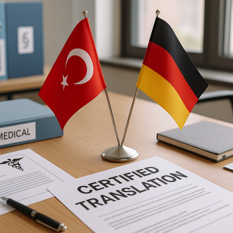 Türkische und deutsche Flagge auf einem Schreibtisch – professionelle beglaubigte Übersetzungen Türkisch–Deutsch zwischen Türkei und Deutsch