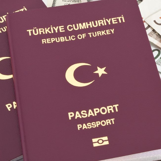Türkischer Reisepass mit dem Text "Türkische Republik" und dem Sternen- und Halbmond-Symbol.
