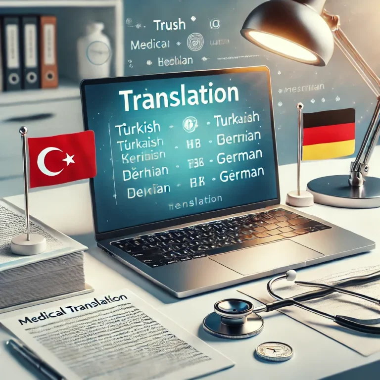 Laptop mit Übersetzungsbegriffen, türkische und deutsche Flaggen, Arbeitsumgebung.