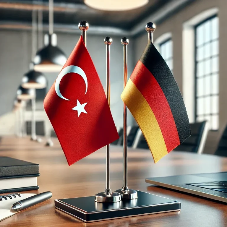 Die Flaggen von Deutschland und der Türkei, die sich im Wind wiegen.