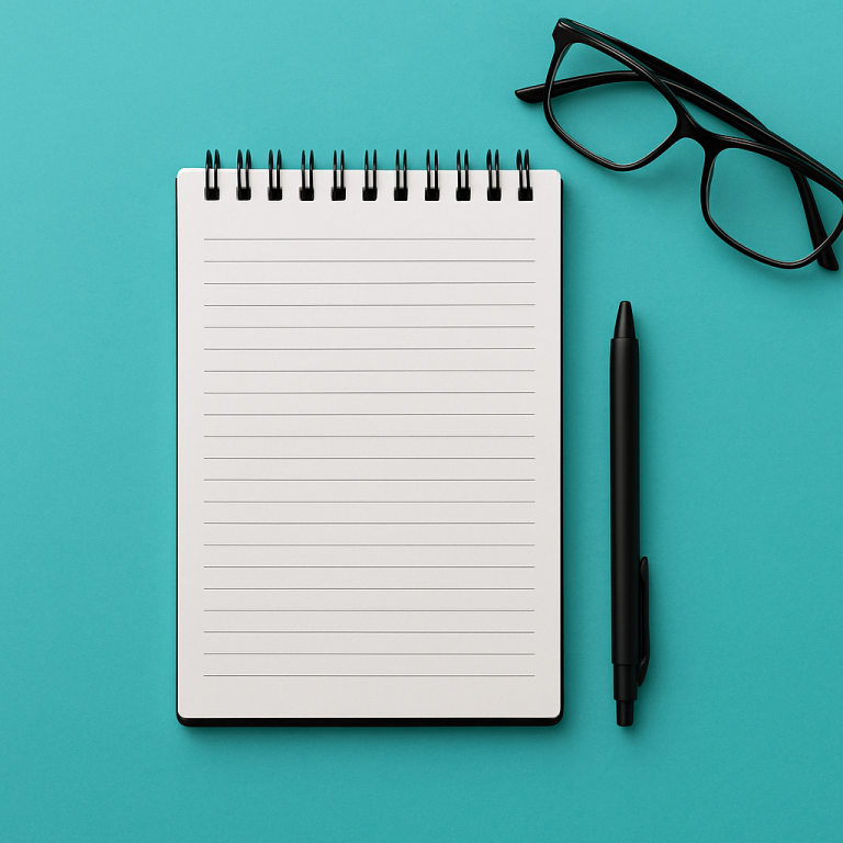 Symbolbild: Schriftliche Übersetzungen (Yazı Çeviri) Türkisch ⇔ Deutsch – Texte präzise übersetzen Notizbuch mit Stift und Brille auf türkisfarbenem Hintergrund – Symbol für schriftliche Übersetzungen Türkisch ⇔ Deutsch
