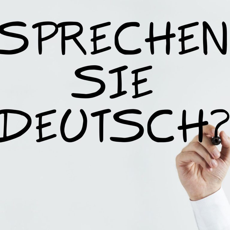 Hand hält ein Schild mit der Frage: „Sprechen Sie Deutsch?“ in großen Buchstaben.