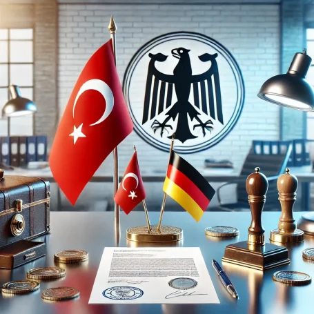 Dokument mit deutschen und türkischen Flaggen sowie einem Wappen auf einem Tisch.
