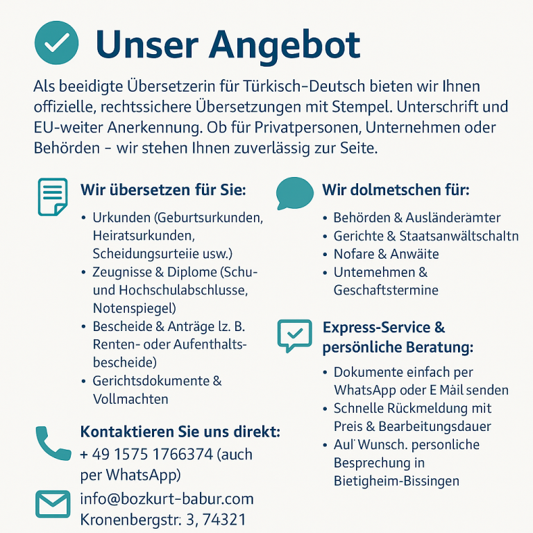 Leistungen des Bozkurt-Babur Übersetzungsbüros – Beglaubigte Übersetzungen, Dolmetschen und Express-Service