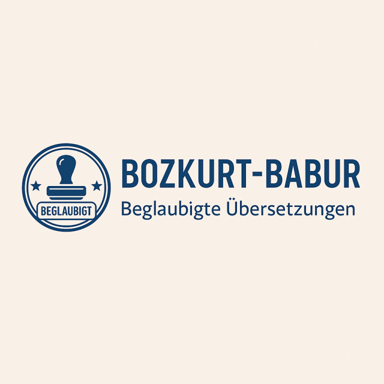 Logo von Bozkurt-Babur, beglaubigte Übersetzungen, mit Stempelsymbol und Schriftzug.