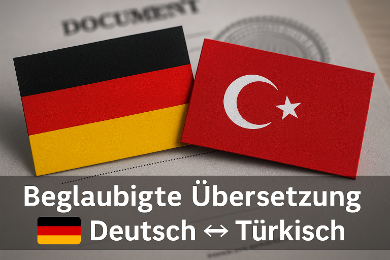 Zwei Flaggen, Deutschland und Türkei, mit dem Text: „Beglaubigte Übersetzung Deutsch ⇔ Türkisch“ auf einem offiziellen Dokument