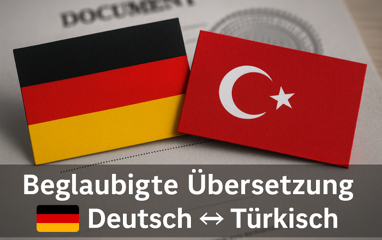 Flaggen von Deutschland und der Türkei mit dem Text "Beglaubigte Übersetzung".