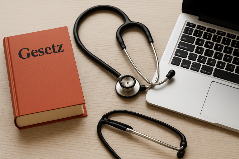 Symbolbild: Fachübersetzungen Türkisch ⇔ Deutsch – Recht, Medizin und Verwaltung Gesetzbuch, Stethoskop und Laptop – Symbol für Fachübersetzungen Recht & Medizin Türkisch ⇔ Deutsch
