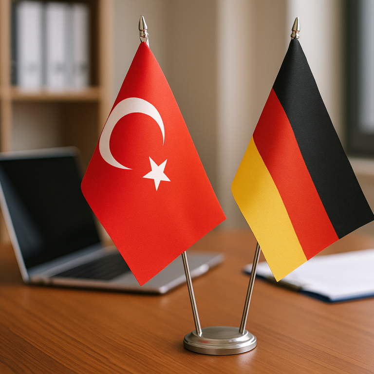 Büro mit Türkei- und Deutschland-Flagge – rechtssichere Übersetzungen für Gericht und Notar Türkisch–Deutsch