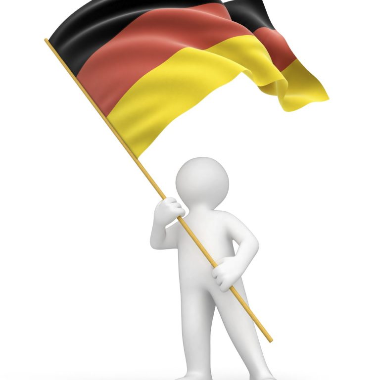 Ein stilisierter Mensch hält eine Fahne mit den Farben Schwarz, Rot und Gold.