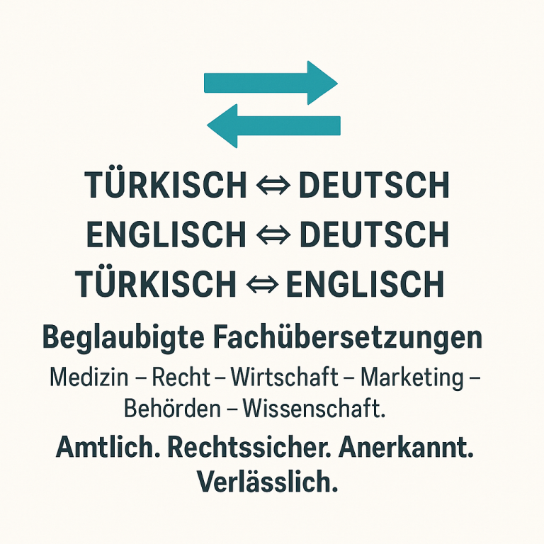 Text mit Übersetzungsmöglichkeiten zwischen Türkisch, Deutsch und Englisch. Offiziell anerkannt.