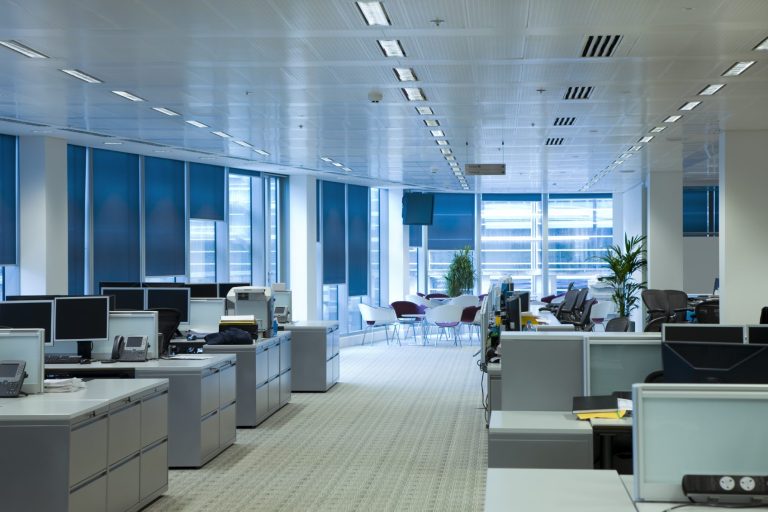 Modern Büro mit mehreren Arbeitsplätzen, großen Fenstern und Pflanzen im Hintergrund.