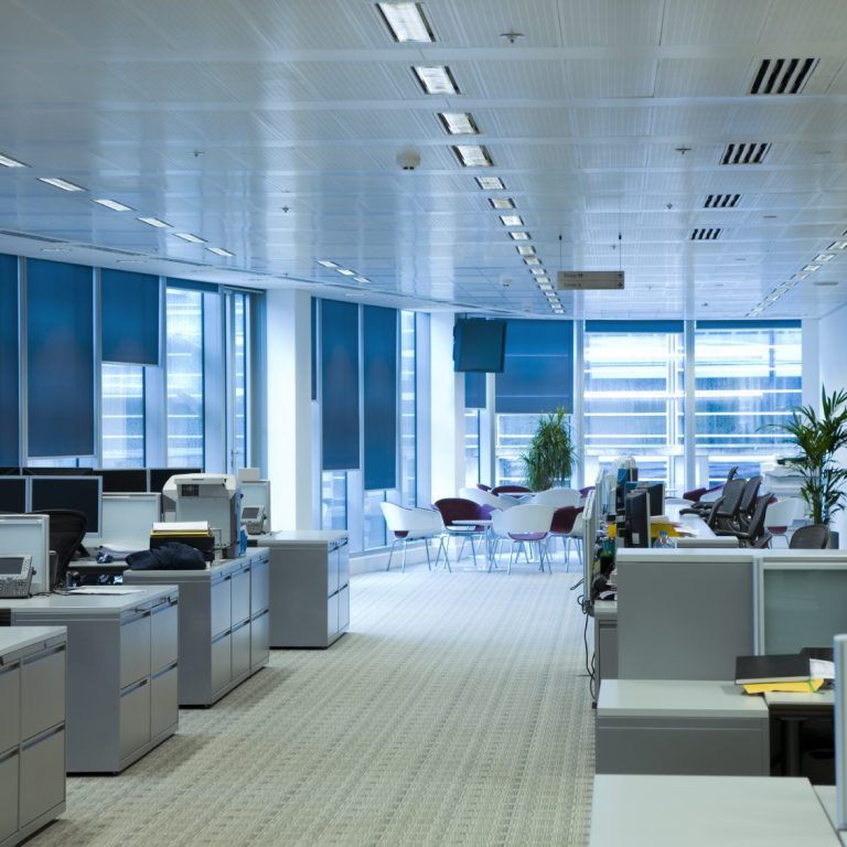 Moderne Büroumgebung mit Schreibtischen, Monitoren und Pflanzen.