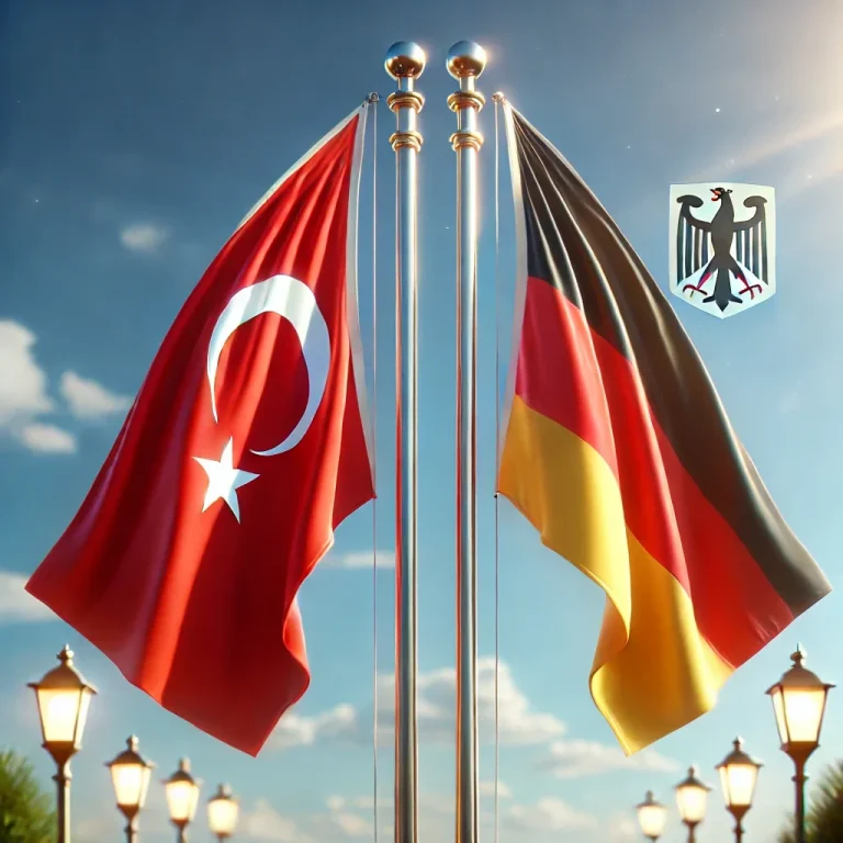 Türkische und deutsche Flaggen an Fahnenmasten mit Himmel und Laternen im Hintergrund.