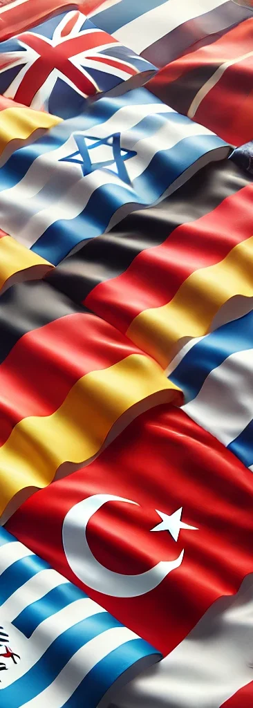 Vielfältige Fahnenelemente verschiedener Länder in bunten Wellen.
