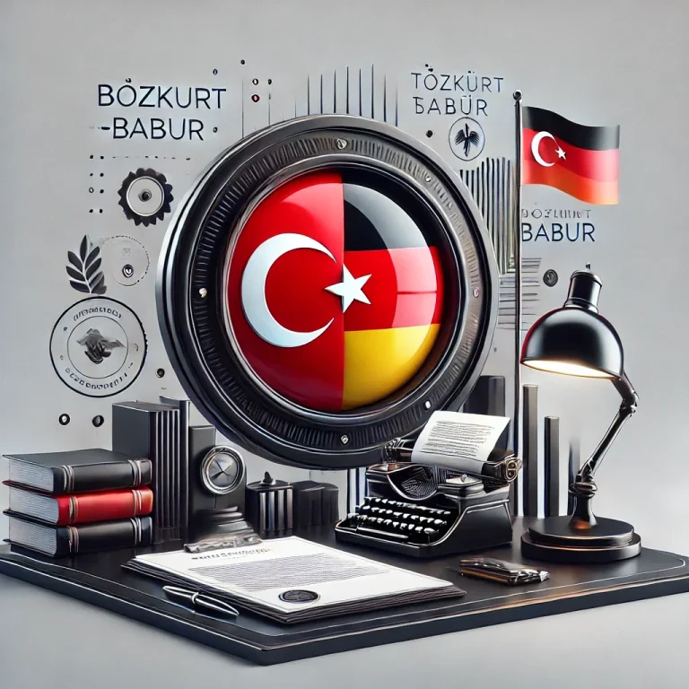 Ein kreatives Arrangement mit der türkischen und deutschen Flagge und Büroelementen.