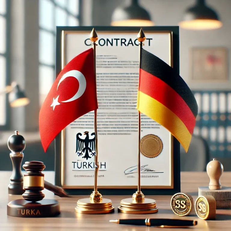 Türkische und deutsche Flaggen neben einem Vertragsdokument auf einem Tisch.