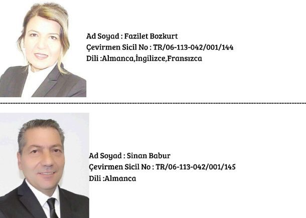 Beeidigte Übersetzer Fazilet Bozkurt und Sinan Babur mit offiziellen Registernummern