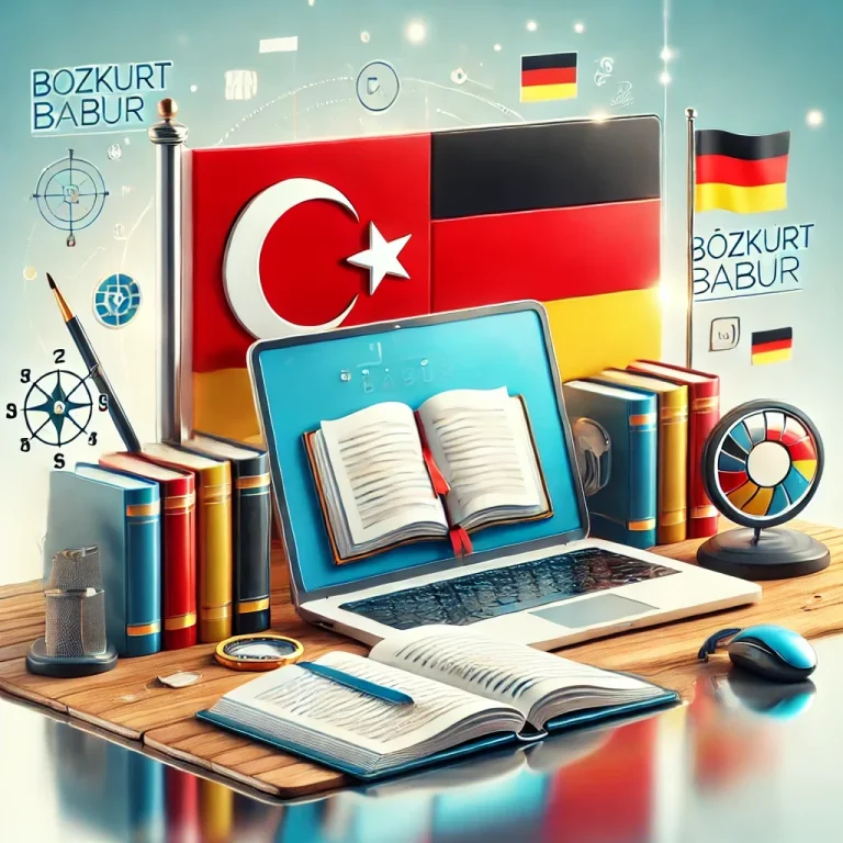 Laptop mit geöffnetem Buch, türkische und deutsche Flaggen, Bücherstapel und Lernmaterialien.