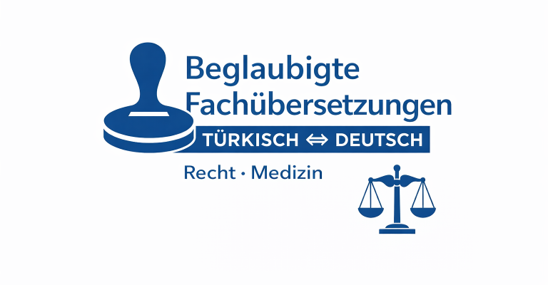 Stempel für beglaubigte Übersetzungen Türkisch-Deutsch, mit Justitia-Symbol.