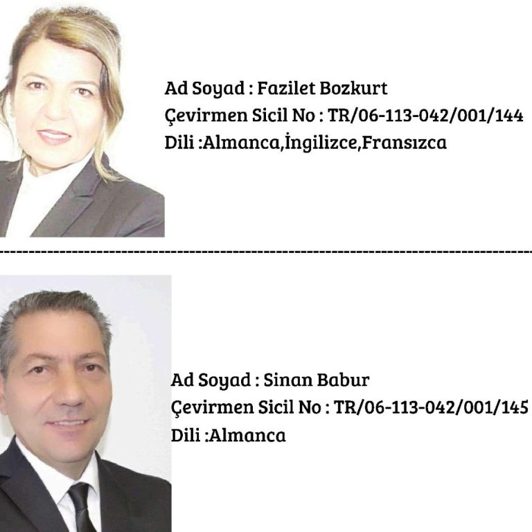 Porträt zweier Personen in Businesskleidung, mit Namen und Sprachen aufgelistet.