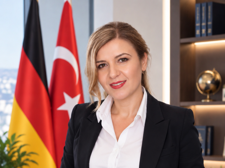 Wortblasen mit Flaggen verschiedener Länder, darunter Deutschland, Türkei und USA.