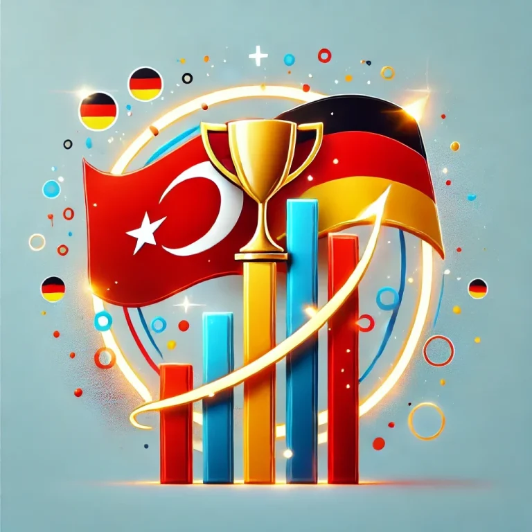 Trophäe mit türkischer und deutscher Flagge sowie wachsenden Balkendiagrammen.