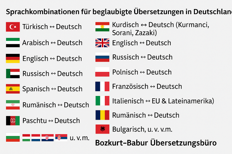 Sprachkombinationen für beglaubigte Übersetzungen in Deutschland – Türkisch, Arabisch, Englisch, Kurdisch, Russisch, Polnisch u. v. m.