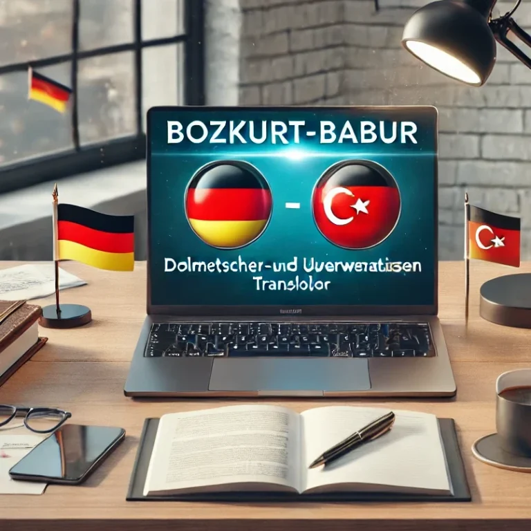 Laptop mit dem Text "BOZKURT-BABUR" und Flaggen Deutschlands und der Türkei. Arbeitsplatz.