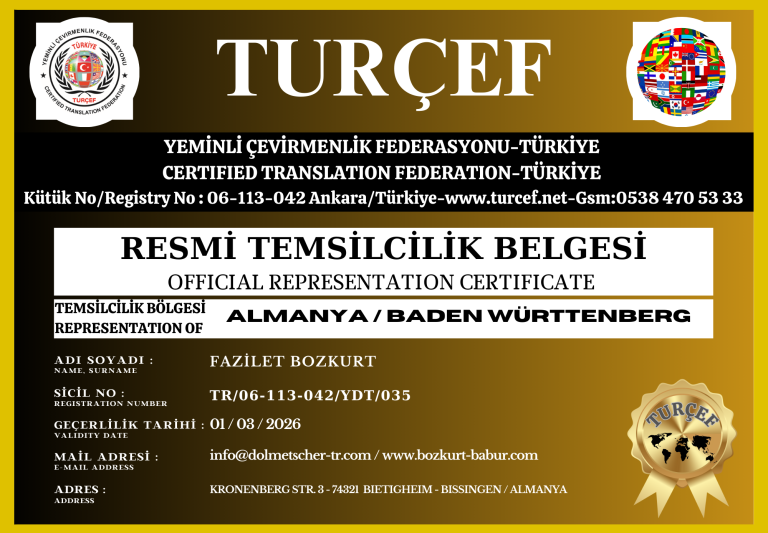 Offizielle TURÇEF-Vertreterurkunde für Deutschland – Übersetzerin Fazilet Bozkurt