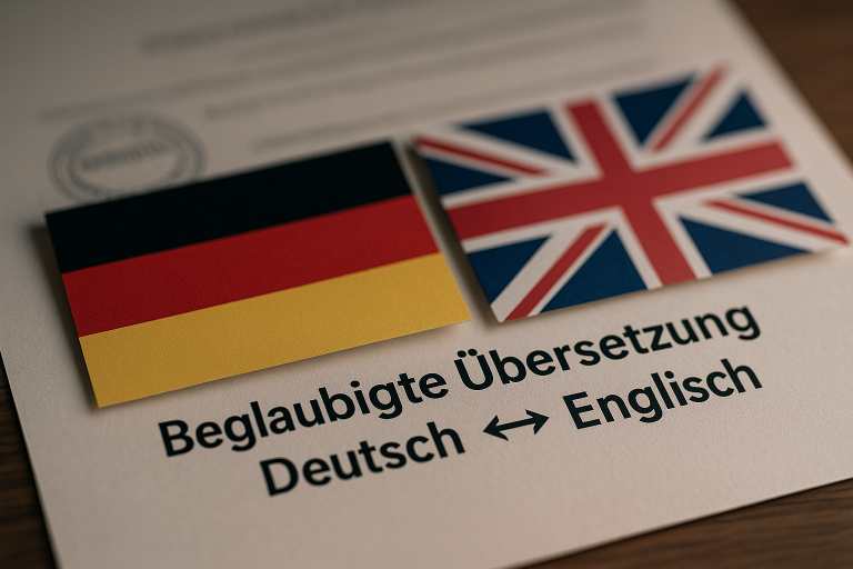 Deutsche und britische Flagge neben dem Text "Beglaubigte Übersetzung Deutsch ↔ Englisch".