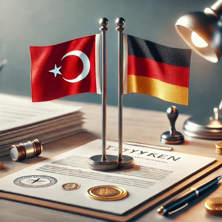 Türkische und deutsche Flaggen auf einem Dokument mit Stift und Münze.