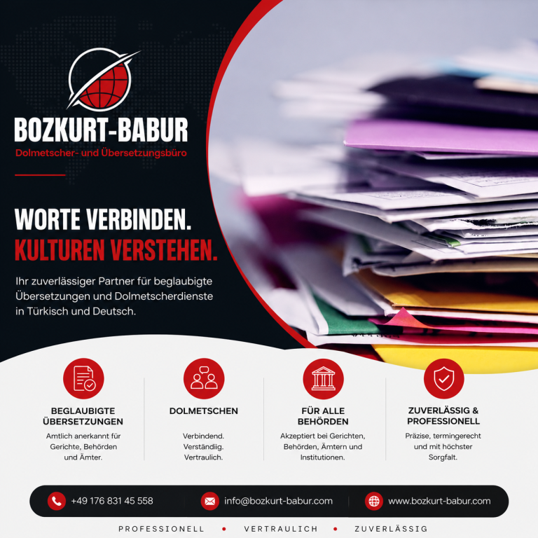 Beglaubigte Übersetzung Türkisch ⇔ Deutsch – Urkunde mit Stempel, Brille und Laptop auf Schreibtisch