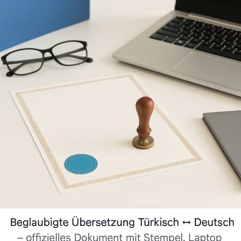 Symbolbild: Beglaubigte Übersetzung Türkisch ⇔ Deutsch – offiziell anerkannt in Deutschland und Türkei Beglaubigte Übersetzung Türkisch ⇔ Deutsch – Urkunde mit Stempel, Brille und Laptop auf Schreibtisch