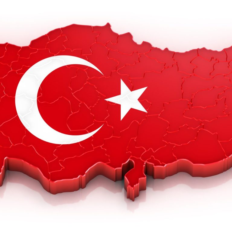 Karte der Türkei mit rotem Hintergrund und weißen Stern und Halbmond.